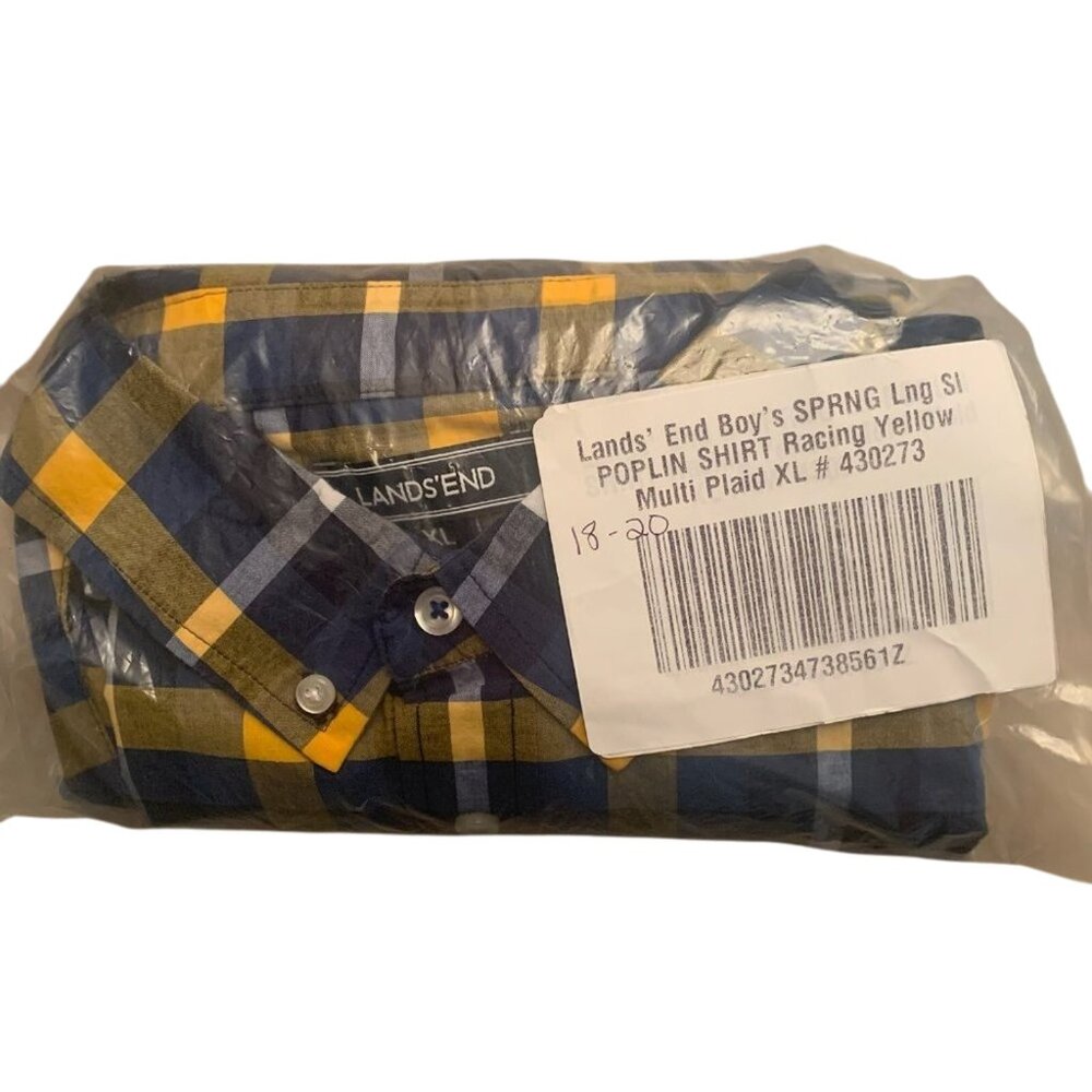 NWT LANDS' END BOYS SPRING LONG SLEEVE POPLIN SHIRT YELLOW/NAVY PLAID XL (18-20)
